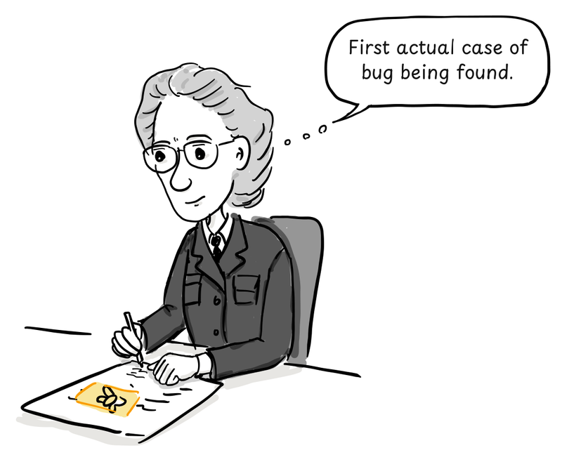Grace Hopper tapes the moth into the team's logbook and writes beside it.